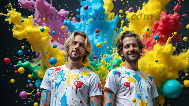 Paint Splat Fun - Hot men having fun with body paint. AI-generated abstract art featuring beautiful, handsome, sexy, shirtless, men, boys, lads, full of excitement joy and fun, covered in body paint, dynamic, interactive, Combining elements of realism with surreal abstract qualities, showcasing the potential of AI in artistic expression. Photos of guys, just smiling, happy, and having a good time. Most of them are smiling because a paint bomb just blow up next to them, so I'm calling is Abstract Art. When paint attacks and makes people happy, it's Art!