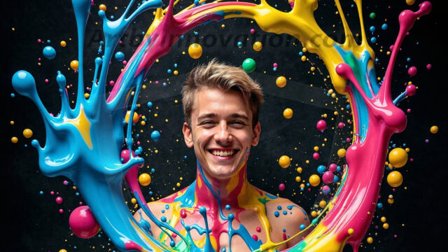 Paint Splat Fun - Hot men having fun with body paint. AI-generated abstract art featuring beautiful, handsome, sexy, shirtless, men, boys, lads, full of excitement joy and fun, covered in body paint, dynamic, interactive, Combining elements of realism with surreal abstract qualities, showcasing the potential of AI in artistic expression. Photos of guys, just smiling, happy, and having a good time. Most of them are smiling because a paint bomb just blow up next to them, so I'm calling is Abstract Art. When paint attacks and makes people happy, it's Art!