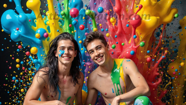 Paint Splat Fun - Hot men having fun with body paint. AI-generated abstract art featuring beautiful, handsome, sexy, shirtless, men, boys, lads, full of excitement joy and fun, covered in body paint, dynamic, interactive, Combining elements of realism with surreal abstract qualities, showcasing the potential of AI in artistic expression. Photos of guys, just smiling, happy, and having a good time. Most of them are smiling because a paint bomb just blow up next to them, so I'm calling is Abstract Art. When paint attacks and makes people happy, it's Art!