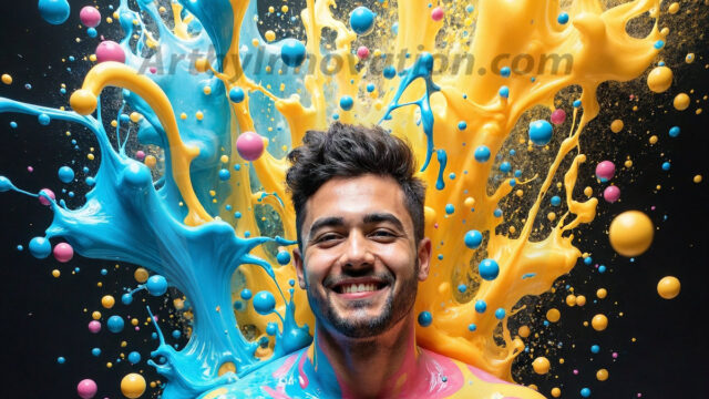 Paint Splat Fun - Hot men having fun with body paint. AI-generated abstract art featuring beautiful, handsome, sexy, shirtless, men, boys, lads, full of excitement joy and fun, covered in body paint, dynamic, interactive, Combining elements of realism with surreal abstract qualities, showcasing the potential of AI in artistic expression. Photos of guys, just smiling, happy, and having a good time. Most of them are smiling because a paint bomb just blow up next to them, so I'm calling is Abstract Art. When paint attacks and makes people happy, it's Art!