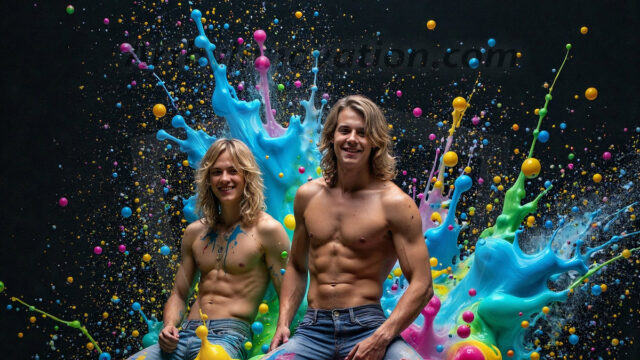 Paint Splat Fun - Hot men having fun with body paint. AI-generated abstract art featuring beautiful, handsome, sexy, shirtless, men, boys, lads, full of excitement joy and fun, covered in body paint, dynamic, interactive, Combining elements of realism with surreal abstract qualities, showcasing the potential of AI in artistic expression. Photos of guys, just smiling, happy, and having a good time. Most of them are smiling because a paint bomb just blow up next to them, so I'm calling is Abstract Art. When paint attacks and makes people happy, it's Art!