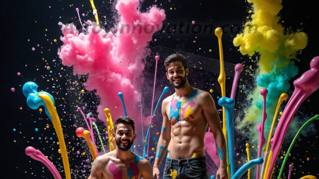 Paint Splat Fun - Hot men having fun with body paint. AI-generated abstract art featuring beautiful, handsome, sexy, shirtless, men, boys, lads, full of excitement joy and fun, covered in body paint, dynamic, interactive, Combining elements of realism with surreal abstract qualities, showcasing the potential of AI in artistic expression. Photos of guys, just smiling, happy, and having a good time. Most of them are smiling because a paint bomb just blow up next to them, so I'm calling is Abstract Art. When paint attacks and makes people happy, it's Art!