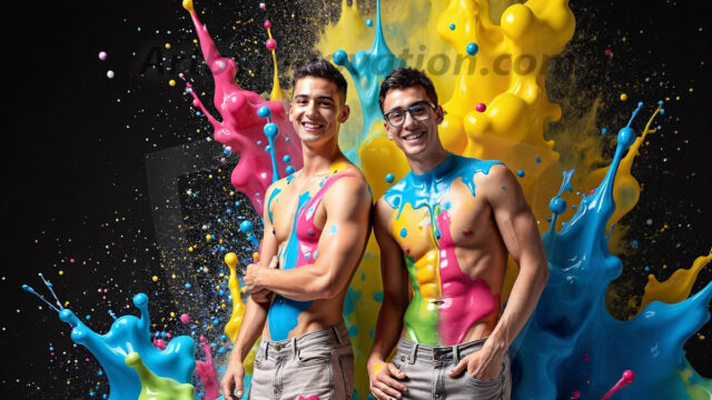 Paint Splat Fun - Hot men having fun with body paint. AI-generated abstract art featuring beautiful, handsome, sexy, shirtless, men, boys, lads, full of excitement joy and fun, covered in body paint, dynamic, interactive, Combining elements of realism with surreal abstract qualities, showcasing the potential of AI in artistic expression. Photos of guys, just smiling, happy, and having a good time. Most of them are smiling because a paint bomb just blow up next to them, so I'm calling is Abstract Art. When paint attacks and makes people happy, it's Art!