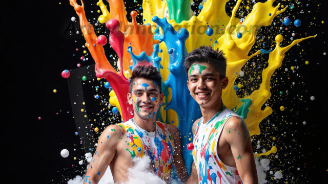 Paint Splat Fun - Hot men having fun with body paint. AI-generated abstract art featuring beautiful, handsome, sexy, shirtless, men, boys, lads, full of excitement joy and fun, covered in body paint, dynamic, interactive, Combining elements of realism with surreal abstract qualities, showcasing the potential of AI in artistic expression. Photos of guys, just smiling, happy, and having a good time. Most of them are smiling because a paint bomb just blow up next to them, so I'm calling is Abstract Art. When paint attacks and makes people happy, it's Art!