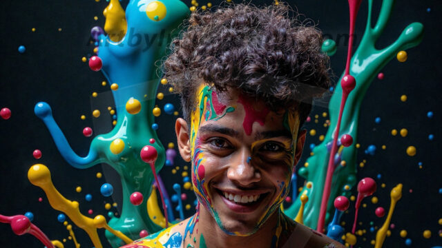 Paint Splat Fun - Hot men having fun with body paint. AI-generated abstract art featuring beautiful, handsome, sexy, shirtless, men, boys, lads, full of excitement joy and fun, covered in body paint, dynamic, interactive, Combining elements of realism with surreal abstract qualities, showcasing the potential of AI in artistic expression. Photos of guys, just smiling, happy, and having a good time. Most of them are smiling because a paint bomb just blow up next to them, so I'm calling is Abstract Art. When paint attacks and makes people happy, it's Art!
