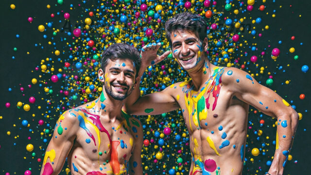 Paint Splat Fun - Hot men having fun with body paint. AI-generated abstract art featuring beautiful, handsome, sexy, shirtless, men, boys, lads, full of excitement joy and fun, covered in body paint, dynamic, interactive, Combining elements of realism with surreal abstract qualities, showcasing the potential of AI in artistic expression. Photos of guys, just smiling, happy, and having a good time. Most of them are smiling because a paint bomb just blow up next to them, so I'm calling is Abstract Art. When paint attacks and makes people happy, it's Art!