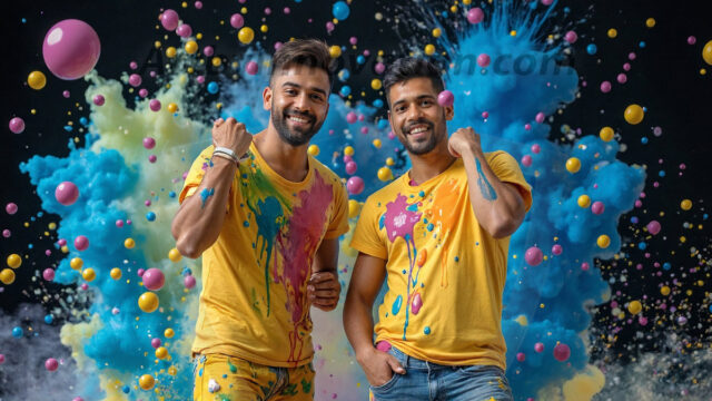 Paint Splat Fun - Hot men having fun with body paint. AI-generated abstract art featuring beautiful, handsome, sexy, shirtless, men, boys, lads, full of excitement joy and fun, covered in body paint, dynamic, interactive, Combining elements of realism with surreal abstract qualities, showcasing the potential of AI in artistic expression. Photos of guys, just smiling, happy, and having a good time. Most of them are smiling because a paint bomb just blow up next to them, so I'm calling is Abstract Art. When paint attacks and makes people happy, it's Art!