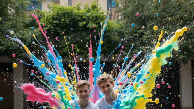 Paint Splat Fun - Hot men having fun with body paint. AI-generated abstract art featuring beautiful, handsome, sexy, shirtless, men, boys, lads, full of excitement joy and fun, covered in body paint, dynamic, interactive, Combining elements of realism with surreal abstract qualities, showcasing the potential of AI in artistic expression. Photos of guys, just smiling, happy, and having a good time. Most of them are smiling because a paint bomb just blow up next to them, so I'm calling is Abstract Art. When paint attacks and makes people happy, it's Art!