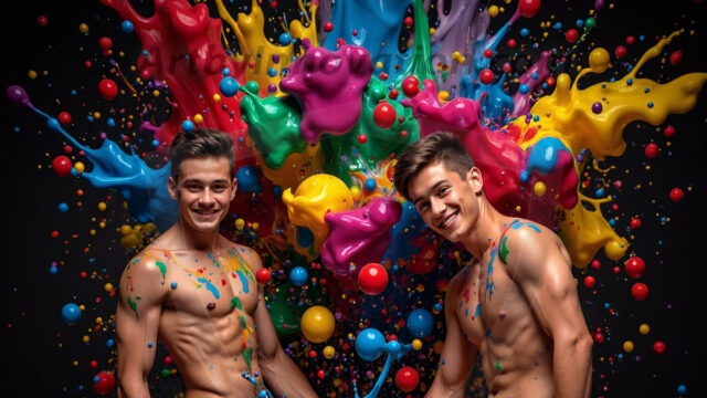Paint Splat Fun - Hot men having fun with body paint. AI-generated abstract art featuring beautiful, handsome, sexy, shirtless, men, boys, lads, full of excitement joy and fun, covered in body paint, dynamic, interactive, Combining elements of realism with surreal abstract qualities, showcasing the potential of AI in artistic expression. Photos of guys, just smiling, happy, and having a good time. Most of them are smiling because a paint bomb just blow up next to them, so I'm calling is Abstract Art. When paint attacks and makes people happy, it's Art!