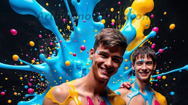 Paint Splat Fun - Hot men having fun with body paint. AI-generated abstract art featuring beautiful, handsome, sexy, shirtless, men, boys, lads, full of excitement joy and fun, covered in body paint, dynamic, interactive, Combining elements of realism with surreal abstract qualities, showcasing the potential of AI in artistic expression. Photos of guys, just smiling, happy, and having a good time. Most of them are smiling because a paint bomb just blow up next to them, so I'm calling is Abstract Art. When paint attacks and makes people happy, it's Art!