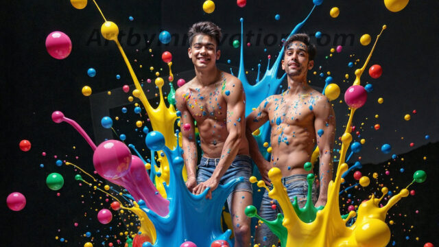 Paint Splat Fun - Hot men having fun with body paint. AI-generated abstract art featuring beautiful, handsome, sexy, shirtless, men, boys, lads, full of excitement joy and fun, covered in body paint, dynamic, interactive, Combining elements of realism with surreal abstract qualities, showcasing the potential of AI in artistic expression. Photos of guys, just smiling, happy, and having a good time. Most of them are smiling because a paint bomb just blow up next to them, so I'm calling is Abstract Art. When paint attacks and makes people happy, it's Art!