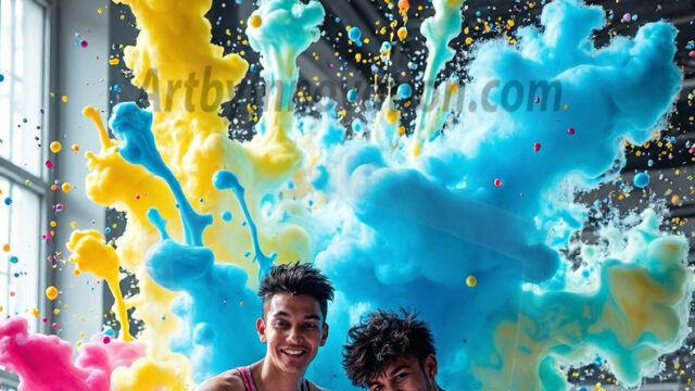 Paint Splat Fun - Hot men having fun with body paint. AI-generated abstract art featuring beautiful, handsome, sexy, shirtless, men, boys, lads, full of excitement joy and fun, covered in body paint, dynamic, interactive, Combining elements of realism with surreal abstract qualities, showcasing the potential of AI in artistic expression. Photos of guys, just smiling, happy, and having a good time. Most of them are smiling because a paint bomb just blow up next to them, so I'm calling is Abstract Art. When paint attacks and makes people happy, it's Art!