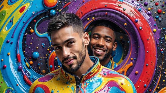 Paint Splat Fun - Hot men having fun with body paint. AI-generated abstract art featuring beautiful, handsome, sexy, shirtless, men, boys, lads, full of excitement joy and fun, covered in body paint, dynamic, interactive, Combining elements of realism with surreal abstract qualities, showcasing the potential of AI in artistic expression. Photos of guys, just smiling, happy, and having a good time. Most of them are smiling because a paint bomb just blow up next to them, so I'm calling is Abstract Art. When paint attacks and makes people happy, it's Art!