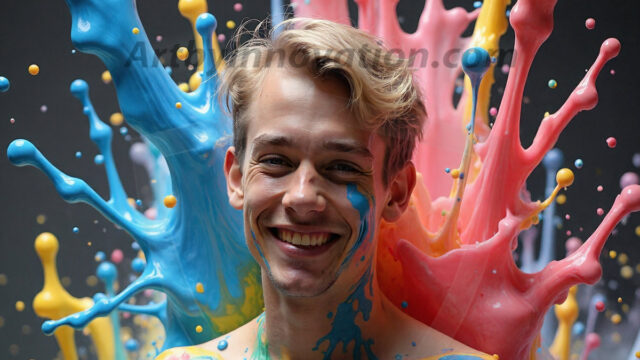 Paint Splat Fun - Hot men having fun with body paint. AI-generated abstract art featuring beautiful, handsome, sexy, shirtless, men, boys, lads, full of excitement joy and fun, covered in body paint, dynamic, interactive, Combining elements of realism with surreal abstract qualities, showcasing the potential of AI in artistic expression. Photos of guys, just smiling, happy, and having a good time. Most of them are smiling because a paint bomb just blow up next to them, so I'm calling is Abstract Art. When paint attacks and makes people happy, it's Art!