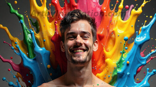 Paint Splat Fun - Hot men having fun with body paint. AI-generated abstract art featuring beautiful, handsome, sexy, shirtless, men, boys, lads, full of excitement joy and fun, covered in body paint, dynamic, interactive, Combining elements of realism with surreal abstract qualities, showcasing the potential of AI in artistic expression. Photos of guys, just smiling, happy, and having a good time. Most of them are smiling because a paint bomb just blow up next to them, so I'm calling is Abstract Art. When paint attacks and makes people happy, it's Art!