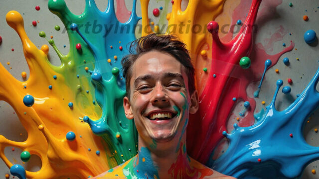Paint Splat Fun - Hot men having fun with body paint. AI-generated abstract art featuring beautiful, handsome, sexy, shirtless, men, boys, lads, full of excitement joy and fun, covered in body paint, dynamic, interactive, Combining elements of realism with surreal abstract qualities, showcasing the potential of AI in artistic expression. Photos of guys, just smiling, happy, and having a good time. Most of them are smiling because a paint bomb just blow up next to them, so I'm calling is Abstract Art. When paint attacks and makes people happy, it's Art!