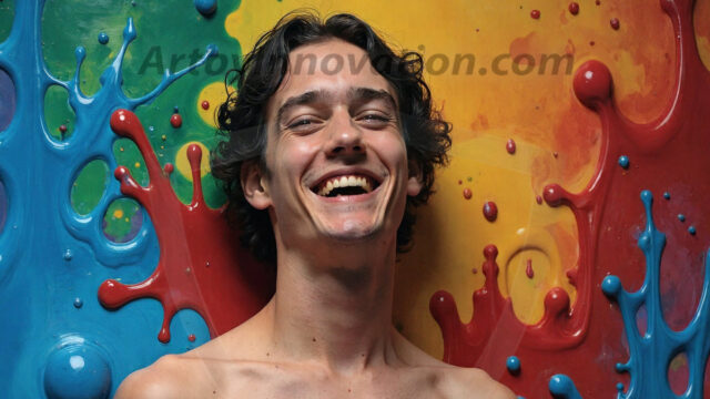 Paint Splat Fun - Hot men having fun with body paint. AI-generated abstract art featuring beautiful, handsome, sexy, shirtless, men, boys, lads, full of excitement joy and fun, covered in body paint, dynamic, interactive, Combining elements of realism with surreal abstract qualities, showcasing the potential of AI in artistic expression. Photos of guys, just smiling, happy, and having a good time. Most of them are smiling because a paint bomb just blow up next to them, so I'm calling is Abstract Art. When paint attacks and makes people happy, it's Art!