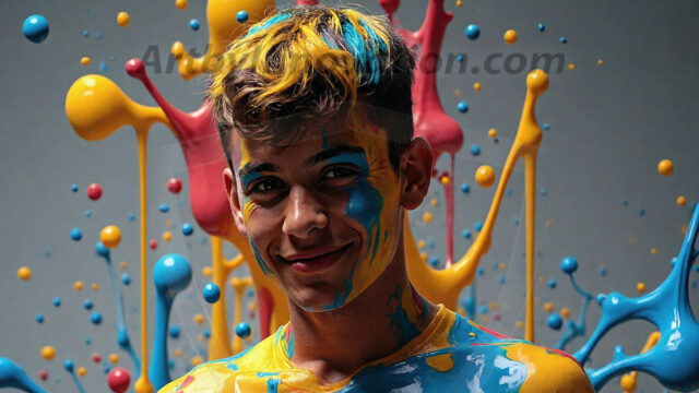 Paint Splat Fun - Hot men having fun with body paint. AI-generated abstract art featuring beautiful, handsome, sexy, shirtless, men, boys, lads, full of excitement joy and fun, covered in body paint, dynamic, interactive, Combining elements of realism with surreal abstract qualities, showcasing the potential of AI in artistic expression. Photos of guys, just smiling, happy, and having a good time. Most of them are smiling because a paint bomb just blow up next to them, so I'm calling is Abstract Art. When paint attacks and makes people happy, it's Art!