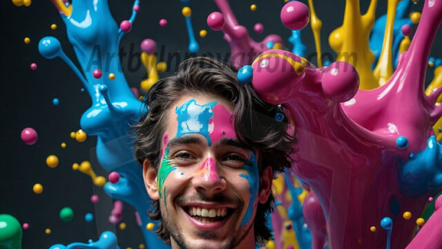 Paint Splat Fun - Hot men having fun with body paint. AI-generated abstract art featuring beautiful, handsome, sexy, shirtless, men, boys, lads, full of excitement joy and fun, covered in body paint, dynamic, interactive, Combining elements of realism with surreal abstract qualities, showcasing the potential of AI in artistic expression. Photos of guys, just smiling, happy, and having a good time. Most of them are smiling because a paint bomb just blow up next to them, so I'm calling is Abstract Art. When paint attacks and makes people happy, it's Art!