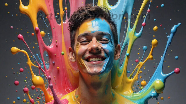 Paint Splat Fun - Hot men having fun with body paint. AI-generated abstract art featuring beautiful, handsome, sexy, shirtless, men, boys, lads, full of excitement joy and fun, covered in body paint, dynamic, interactive, Combining elements of realism with surreal abstract qualities, showcasing the potential of AI in artistic expression. Photos of guys, just smiling, happy, and having a good time. Most of them are smiling because a paint bomb just blow up next to them, so I'm calling is Abstract Art. When paint attacks and makes people happy, it's Art!