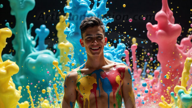 Paint Splat Fun - Hot men having fun with body paint. AI-generated abstract art featuring beautiful, handsome, sexy, shirtless, men, boys, lads, full of excitement joy and fun, covered in body paint, dynamic, interactive, Combining elements of realism with surreal abstract qualities, showcasing the potential of AI in artistic expression. Photos of guys, just smiling, happy, and having a good time. Most of them are smiling because a paint bomb just blow up next to them, so I'm calling is Abstract Art. When paint attacks and makes people happy, it's Art!
