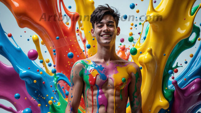 Paint Splat Fun - Hot men having fun with body paint. AI-generated abstract art featuring beautiful, handsome, sexy, shirtless, men, boys, lads, full of excitement joy and fun, covered in body paint, dynamic, interactive, Combining elements of realism with surreal abstract qualities, showcasing the potential of AI in artistic expression. Photos of guys, just smiling, happy, and having a good time. Most of them are smiling because a paint bomb just blow up next to them, so I'm calling is Abstract Art. When paint attacks and makes people happy, it's Art!