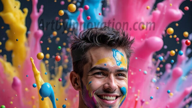 Paint Splat Fun - Hot men having fun with body paint. AI-generated abstract art featuring beautiful, handsome, sexy, shirtless, men, boys, lads, full of excitement joy and fun, covered in body paint, dynamic, interactive, Combining elements of realism with surreal abstract qualities, showcasing the potential of AI in artistic expression. Photos of guys, just smiling, happy, and having a good time. Most of them are smiling because a paint bomb just blow up next to them, so I'm calling is Abstract Art. When paint attacks and makes people happy, it's Art!