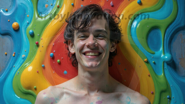 Paint Splat Fun - Hot men having fun with body paint. AI-generated abstract art featuring beautiful, handsome, sexy, shirtless, men, boys, lads, full of excitement joy and fun, covered in body paint, dynamic, interactive, Combining elements of realism with surreal abstract qualities, showcasing the potential of AI in artistic expression. Photos of guys, just smiling, happy, and having a good time. Most of them are smiling because a paint bomb just blow up next to them, so I'm calling is Abstract Art. When paint attacks and makes people happy, it's Art!
