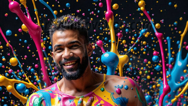 Paint Splat Fun - Hot men having fun with body paint. AI-generated abstract art featuring beautiful, handsome, sexy, shirtless, men, boys, lads, full of excitement joy and fun, covered in body paint, dynamic, interactive, Combining elements of realism with surreal abstract qualities, showcasing the potential of AI in artistic expression. Photos of guys, just smiling, happy, and having a good time. Most of them are smiling because a paint bomb just blow up next to them, so I'm calling is Abstract Art. When paint attacks and makes people happy, it's Art!