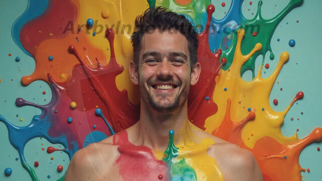 Paint Splat Fun - Hot men having fun with body paint. AI-generated abstract art featuring beautiful, handsome, sexy, shirtless, men, boys, lads, full of excitement joy and fun, covered in body paint, dynamic, interactive, Combining elements of realism with surreal abstract qualities, showcasing the potential of AI in artistic expression. Photos of guys, just smiling, happy, and having a good time. Most of them are smiling because a paint bomb just blow up next to them, so I'm calling is Abstract Art. When paint attacks and makes people happy, it's Art!
