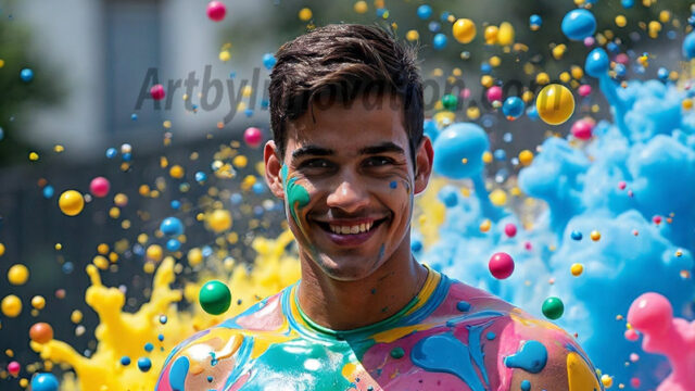 Paint Splat Fun - Hot men having fun with body paint. AI-generated abstract art featuring beautiful, handsome, sexy, shirtless, men, boys, lads, full of excitement joy and fun, covered in body paint, dynamic, interactive, Combining elements of realism with surreal abstract qualities, showcasing the potential of AI in artistic expression. Photos of guys, just smiling, happy, and having a good time. Most of them are smiling because a paint bomb just blow up next to them, so I'm calling is Abstract Art. When paint attacks and makes people happy, it's Art!