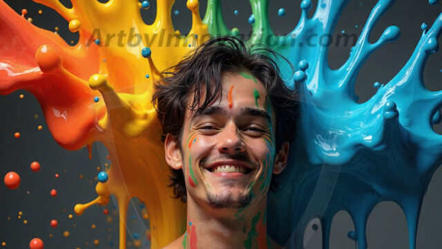 Paint Splat Fun - Hot men having fun with body paint. AI-generated abstract art featuring beautiful, handsome, sexy, shirtless, men, boys, lads, full of excitement joy and fun, covered in body paint, dynamic, interactive, Combining elements of realism with surreal abstract qualities, showcasing the potential of AI in artistic expression. Photos of guys, just smiling, happy, and having a good time. Most of them are smiling because a paint bomb just blow up next to them, so I'm calling is Abstract Art. When paint attacks and makes people happy, it's Art!