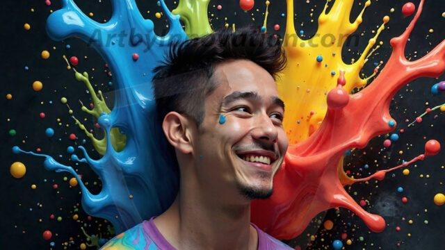 Paint Splat Fun - Hot men having fun with body paint. AI-generated abstract art featuring beautiful, handsome, sexy, shirtless, men, boys, lads, full of excitement joy and fun, covered in body paint, dynamic, interactive, Combining elements of realism with surreal abstract qualities, showcasing the potential of AI in artistic expression. Photos of guys, just smiling, happy, and having a good time. Most of them are smiling because a paint bomb just blow up next to them, so I'm calling is Abstract Art. When paint attacks and makes people happy, it's Art!