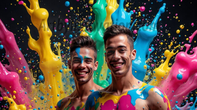 Paint Splat Fun - Hot men having fun with body paint. AI-generated abstract art featuring beautiful, handsome, sexy, shirtless, men, boys, lads, full of excitement joy and fun, covered in body paint, dynamic, interactive, Combining elements of realism with surreal abstract qualities, showcasing the potential of AI in artistic expression. Photos of guys, just smiling, happy, and having a good time. Most of them are smiling because a paint bomb just blow up next to them, so I'm calling is Abstract Art. When paint attacks and makes people happy, it's Art!
