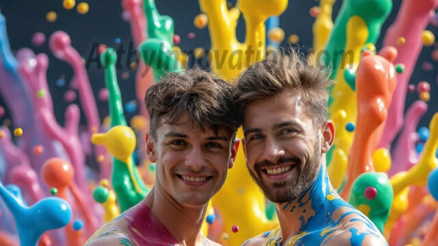 Paint Splat Fun - Hot men having fun with body paint. AI-generated abstract art featuring beautiful, handsome, sexy, shirtless, men, boys, lads, full of excitement joy and fun, covered in body paint, dynamic, interactive, Combining elements of realism with surreal abstract qualities, showcasing the potential of AI in artistic expression. Photos of guys, just smiling, happy, and having a good time. Most of them are smiling because a paint bomb just blow up next to them, so I'm calling is Abstract Art. When paint attacks and makes people happy, it's Art!