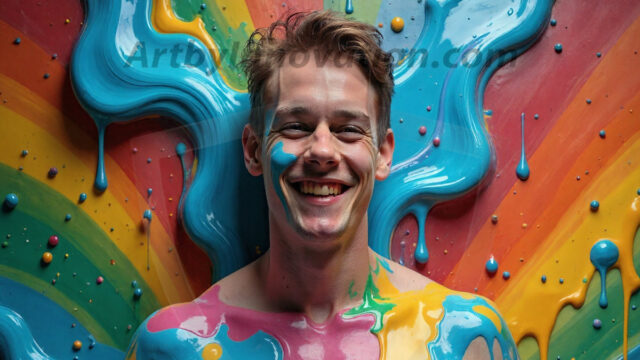 Paint Splat Fun - Hot men having fun with body paint. AI-generated abstract art featuring beautiful, handsome, sexy, shirtless, men, boys, lads, full of excitement joy and fun, covered in body paint, dynamic, interactive, Combining elements of realism with surreal abstract qualities, showcasing the potential of AI in artistic expression. Photos of guys, just smiling, happy, and having a good time. Most of them are smiling because a paint bomb just blow up next to them, so I'm calling is Abstract Art. When paint attacks and makes people happy, it's Art!