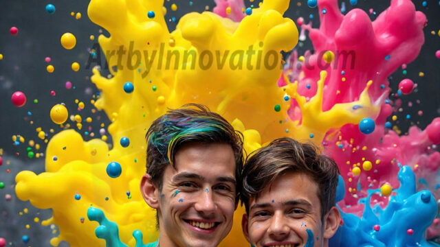 Paint Splat Fun - Hot men having fun with body paint. AI-generated abstract art featuring beautiful, handsome, sexy, shirtless, men, boys, lads, full of excitement joy and fun, covered in body paint, dynamic, interactive, Combining elements of realism with surreal abstract qualities, showcasing the potential of AI in artistic expression. Photos of guys, just smiling, happy, and having a good time. Most of them are smiling because a paint bomb just blow up next to them, so I'm calling is Abstract Art. When paint attacks and makes people happy, it's Art!