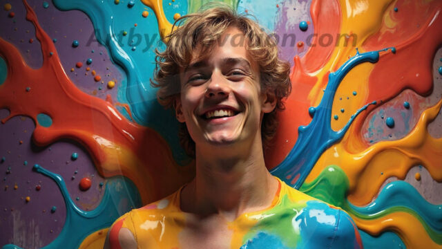 Paint Splat Fun - Hot men having fun with body paint. AI-generated abstract art featuring beautiful, handsome, sexy, shirtless, men, boys, lads, full of excitement joy and fun, covered in body paint, dynamic, interactive, Combining elements of realism with surreal abstract qualities, showcasing the potential of AI in artistic expression. Photos of guys, just smiling, happy, and having a good time. Most of them are smiling because a paint bomb just blow up next to them, so I'm calling is Abstract Art. When paint attacks and makes people happy, it's Art!