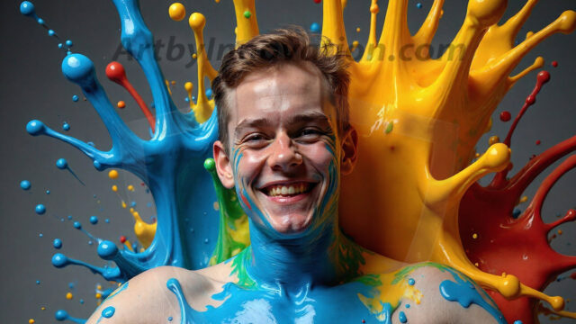Paint Splat Fun - Hot men having fun with body paint. AI-generated abstract art featuring beautiful, handsome, sexy, shirtless, men, boys, lads, full of excitement joy and fun, covered in body paint, dynamic, interactive, Combining elements of realism with surreal abstract qualities, showcasing the potential of AI in artistic expression. Photos of guys, just smiling, happy, and having a good time. Most of them are smiling because a paint bomb just blow up next to them, so I'm calling is Abstract Art. When paint attacks and makes people happy, it's Art!