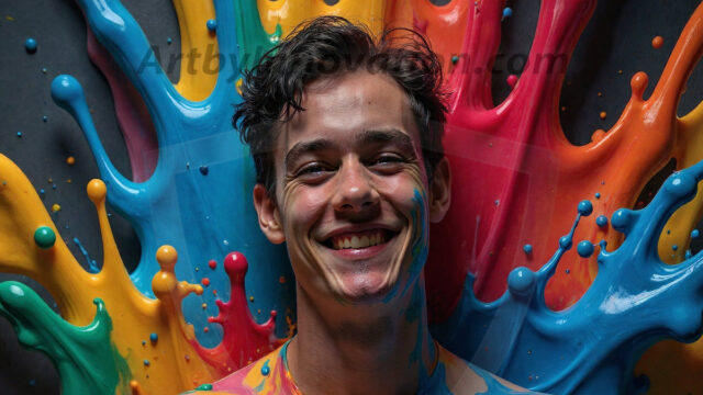 Paint Splat Fun - Hot men having fun with body paint. AI-generated abstract art featuring beautiful, handsome, sexy, shirtless, men, boys, lads, full of excitement joy and fun, covered in body paint, dynamic, interactive, Combining elements of realism with surreal abstract qualities, showcasing the potential of AI in artistic expression. Photos of guys, just smiling, happy, and having a good time. Most of them are smiling because a paint bomb just blow up next to them, so I'm calling is Abstract Art. When paint attacks and makes people happy, it's Art!