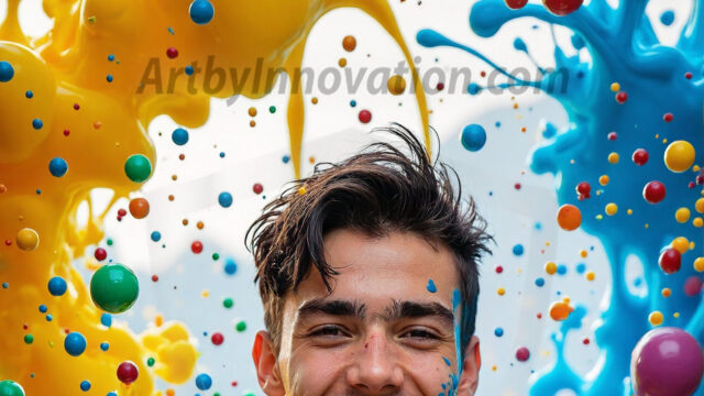 Paint Splat Fun - Hot men having fun with body paint. AI-generated abstract art featuring beautiful, handsome, sexy, shirtless, men, boys, lads, full of excitement joy and fun, covered in body paint, dynamic, interactive, Combining elements of realism with surreal abstract qualities, showcasing the potential of AI in artistic expression. Photos of guys, just smiling, happy, and having a good time. Most of them are smiling because a paint bomb just blow up next to them, so I'm calling is Abstract Art. When paint attacks and makes people happy, it's Art!