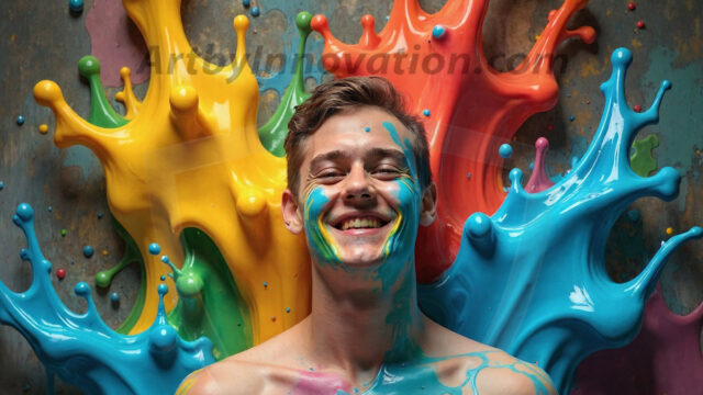 Paint Splat Fun - Hot men having fun with body paint. AI-generated abstract art featuring beautiful, handsome, sexy, shirtless, men, boys, lads, full of excitement joy and fun, covered in body paint, dynamic, interactive, Combining elements of realism with surreal abstract qualities, showcasing the potential of AI in artistic expression. Photos of guys, just smiling, happy, and having a good time. Most of them are smiling because a paint bomb just blow up next to them, so I'm calling is Abstract Art. When paint attacks and makes people happy, it's Art!
