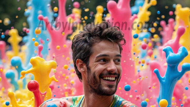 Paint Splat Fun - Hot men having fun with body paint. AI-generated abstract art featuring beautiful, handsome, sexy, shirtless, men, boys, lads, full of excitement joy and fun, covered in body paint, dynamic, interactive, Combining elements of realism with surreal abstract qualities, showcasing the potential of AI in artistic expression. Photos of guys, just smiling, happy, and having a good time. Most of them are smiling because a paint bomb just blow up next to them, so I'm calling is Abstract Art. When paint attacks and makes people happy, it's Art!