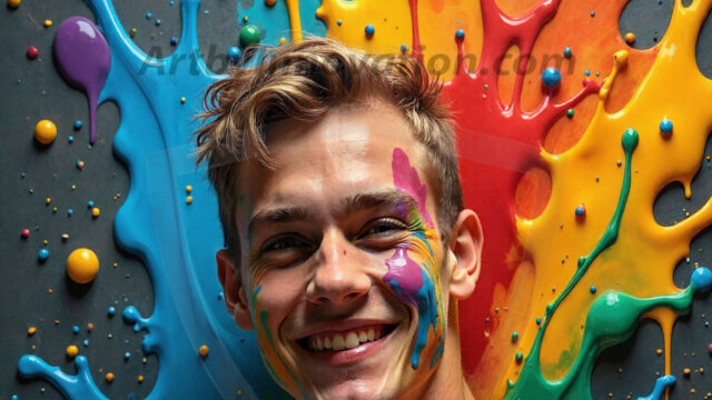Paint Splat Fun - Hot men having fun with body paint. AI-generated abstract art featuring beautiful, handsome, sexy, shirtless, men, boys, lads, full of excitement joy and fun, covered in body paint, dynamic, interactive, Combining elements of realism with surreal abstract qualities, showcasing the potential of AI in artistic expression. Photos of guys, just smiling, happy, and having a good time. Most of them are smiling because a paint bomb just blow up next to them, so I'm calling is Abstract Art. When paint attacks and makes people happy, it's Art!