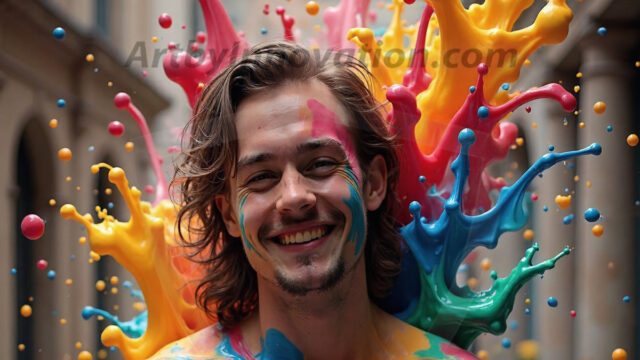 Paint Splat Fun - Hot men having fun with body paint. AI-generated abstract art featuring beautiful, handsome, sexy, shirtless, men, boys, lads, full of excitement joy and fun, covered in body paint, dynamic, interactive, Combining elements of realism with surreal abstract qualities, showcasing the potential of AI in artistic expression. Photos of guys, just smiling, happy, and having a good time. Most of them are smiling because a paint bomb just blow up next to them, so I'm calling is Abstract Art. When paint attacks and makes people happy, it's Art!