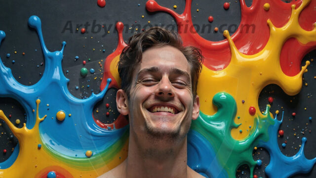 Paint Splat Fun - Hot men having fun with body paint. AI-generated abstract art featuring beautiful, handsome, sexy, shirtless, men, boys, lads, full of excitement joy and fun, covered in body paint, dynamic, interactive, Combining elements of realism with surreal abstract qualities, showcasing the potential of AI in artistic expression. Photos of guys, just smiling, happy, and having a good time. Most of them are smiling because a paint bomb just blow up next to them, so I'm calling is Abstract Art. When paint attacks and makes people happy, it's Art!