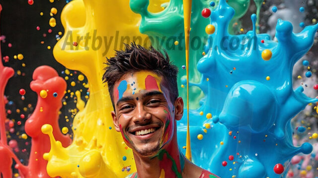 Paint Splat Fun - Hot men having fun with body paint. AI-generated abstract art featuring beautiful, handsome, sexy, shirtless, men, boys, lads, full of excitement joy and fun, covered in body paint, dynamic, interactive, Combining elements of realism with surreal abstract qualities, showcasing the potential of AI in artistic expression. Photos of guys, just smiling, happy, and having a good time. Most of them are smiling because a paint bomb just blow up next to them, so I'm calling is Abstract Art. When paint attacks and makes people happy, it's Art!