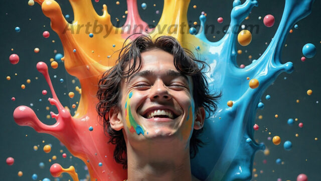 Paint Splat Fun - Hot men having fun with body paint. AI-generated abstract art featuring beautiful, handsome, sexy, shirtless, men, boys, lads, full of excitement joy and fun, covered in body paint, dynamic, interactive, Combining elements of realism with surreal abstract qualities, showcasing the potential of AI in artistic expression. Photos of guys, just smiling, happy, and having a good time. Most of them are smiling because a paint bomb just blow up next to them, so I'm calling is Abstract Art. When paint attacks and makes people happy, it's Art!