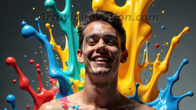 Paint Splat Fun - Hot men having fun with body paint. AI-generated abstract art featuring beautiful, handsome, sexy, shirtless, men, boys, lads, full of excitement joy and fun, covered in body paint, dynamic, interactive, Combining elements of realism with surreal abstract qualities, showcasing the potential of AI in artistic expression. Photos of guys, just smiling, happy, and having a good time. Most of them are smiling because a paint bomb just blow up next to them, so I'm calling is Abstract Art. When paint attacks and makes people happy, it's Art!