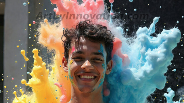 Paint Splat Fun - Hot men having fun with body paint. AI-generated abstract art featuring beautiful, handsome, sexy, shirtless, men, boys, lads, full of excitement joy and fun, covered in body paint, dynamic, interactive, Combining elements of realism with surreal abstract qualities, showcasing the potential of AI in artistic expression. Photos of guys, just smiling, happy, and having a good time. Most of them are smiling because a paint bomb just blow up next to them, so I'm calling is Abstract Art. When paint attacks and makes people happy, it's Art!